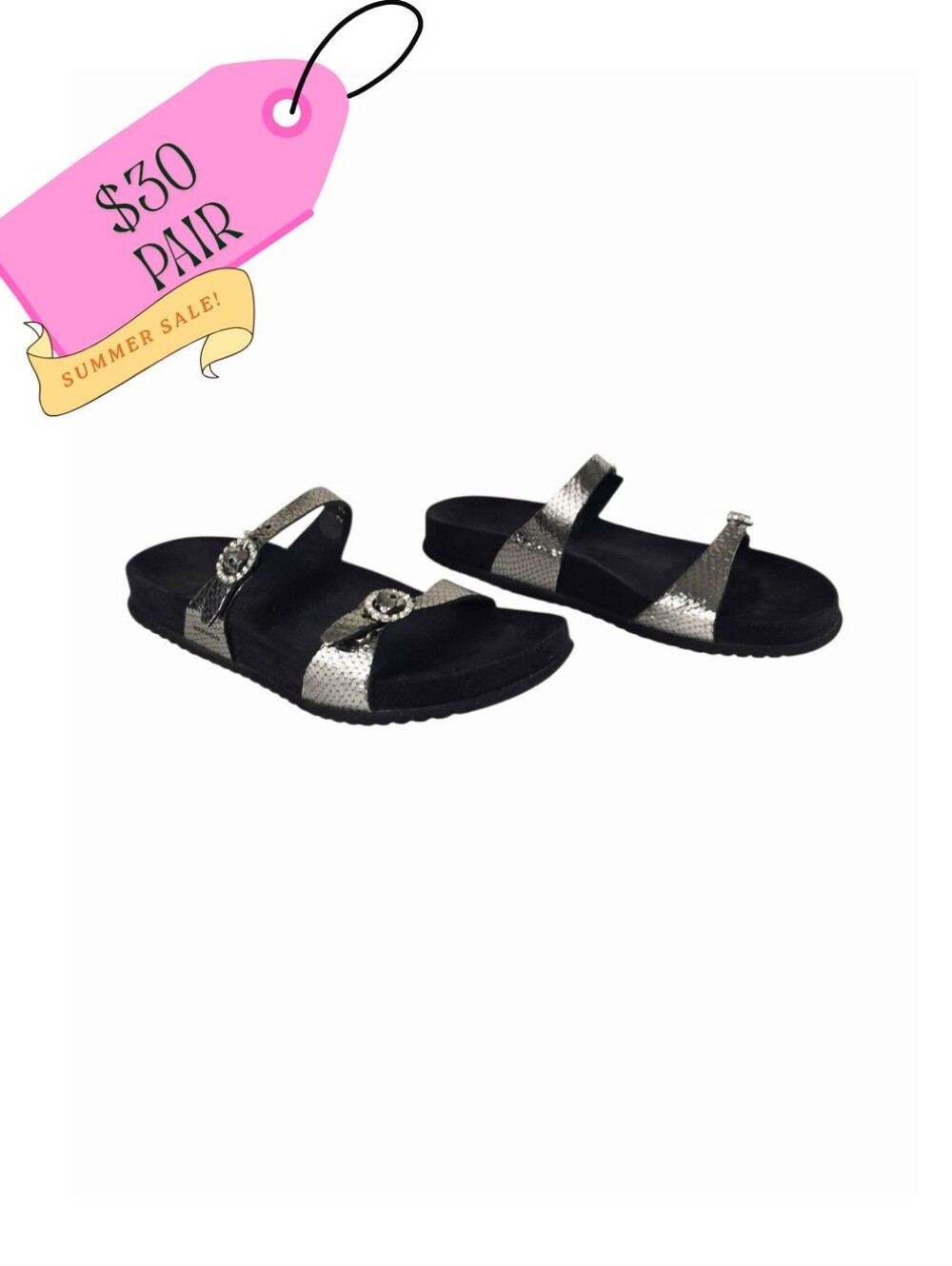 Mephisto Silver Metallic Two-strap Slide Sandals with Decorative Rings